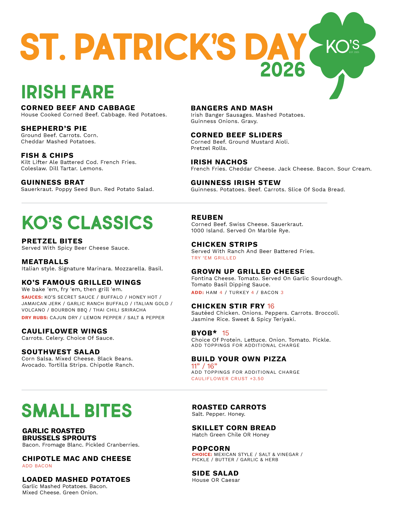 St Patricks Day Menu