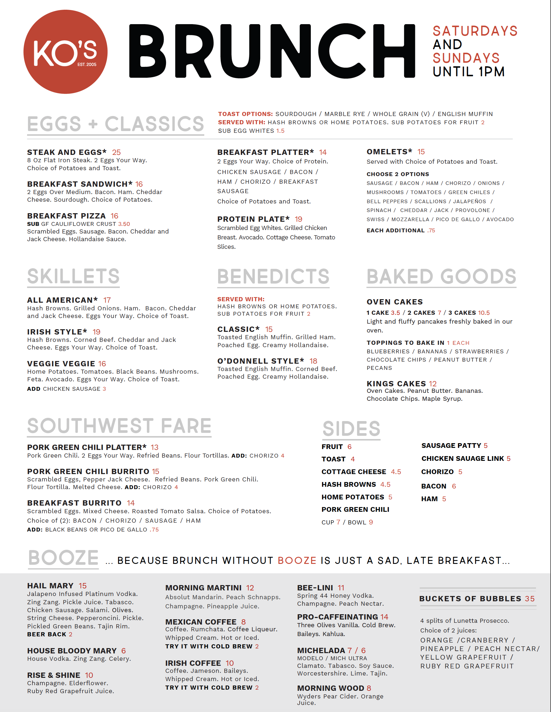 K O'Donnell's Bar and Grill Brunch Menu 2025